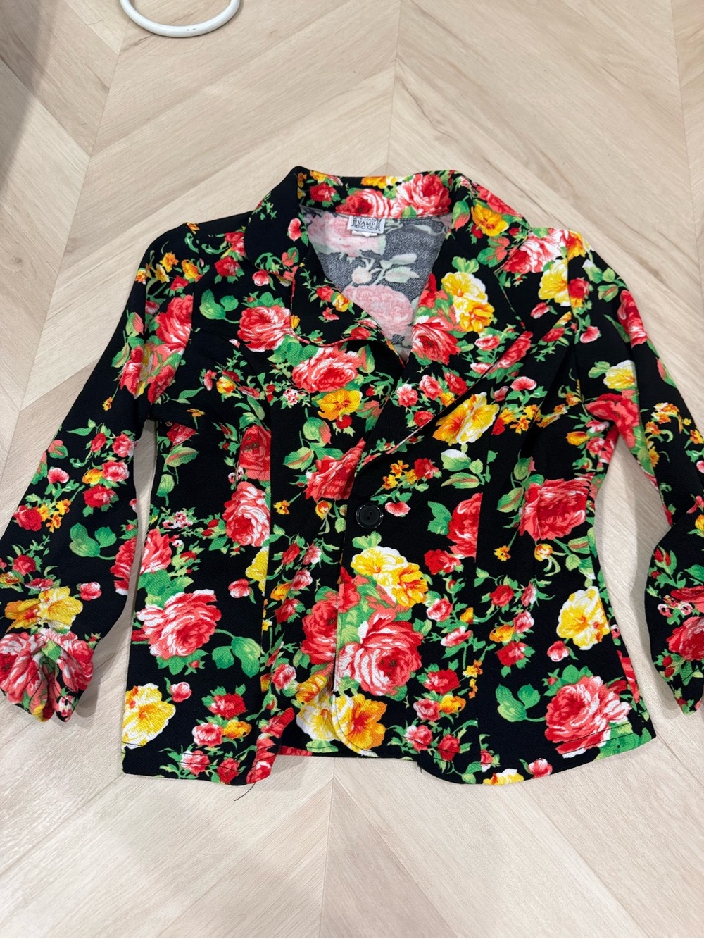 Vintage Women's Floral Button-Down Shirt Jacket - Black with Red & Yellow Roses